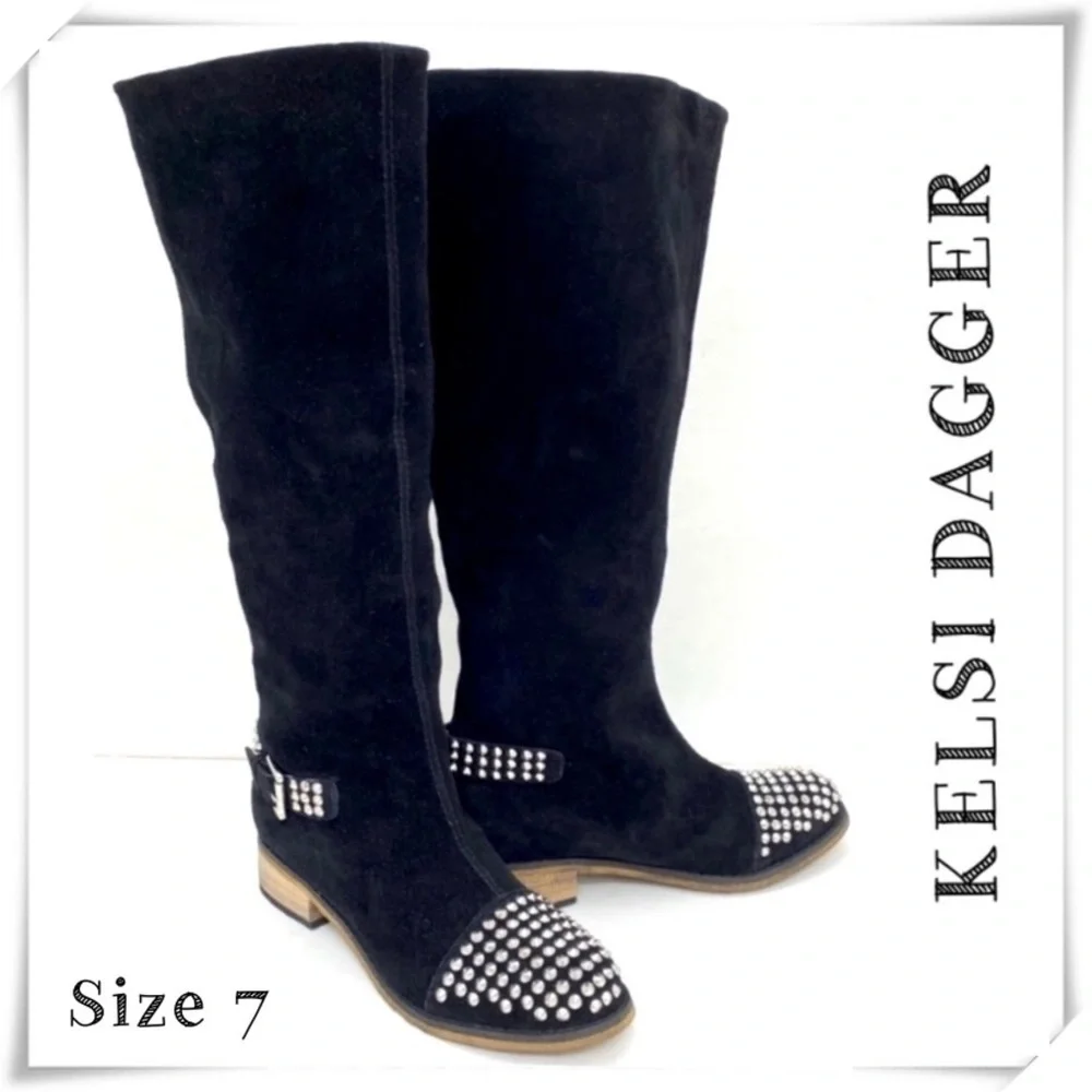 KELSI Dagger Studded Cup toe Rover Suede Knee High Riding Moto Boot in Black